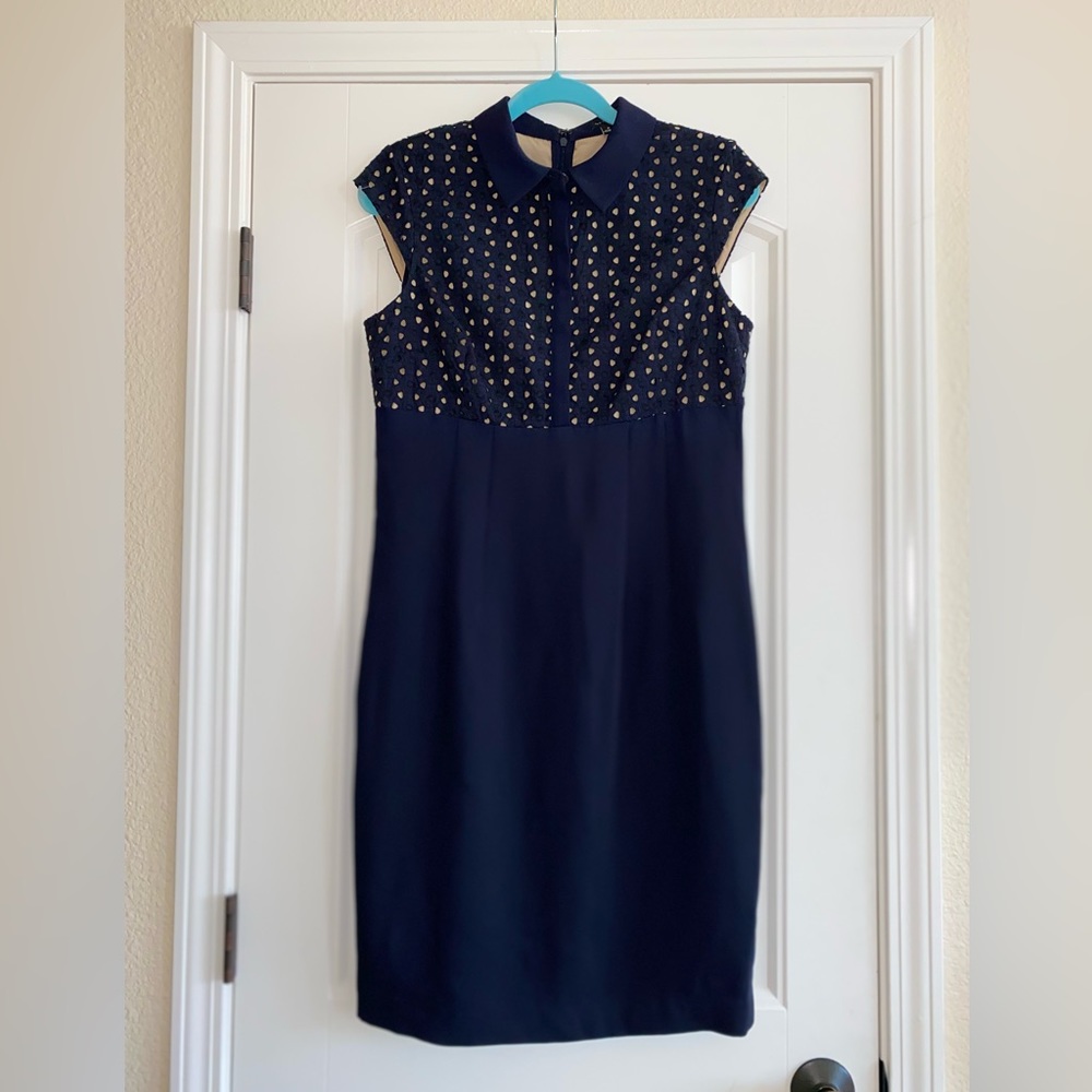 Ann Taylor Navy Blue Tan Eyelet Floral Bodice Sheath Dress SZ 8 VGUC